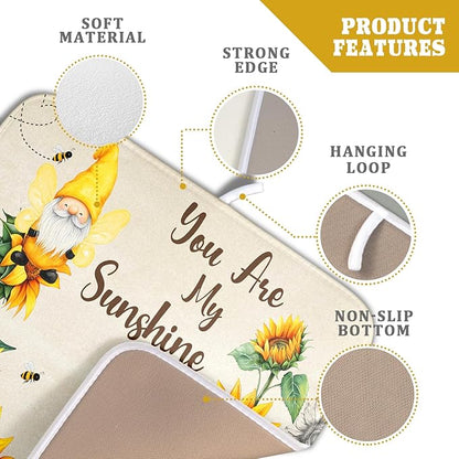 Giwawa Bee Gnomes Dish Drying Mat, Summer Sunflowers Elf Dish Drainer Mats for Kitchen Countertop, Vintage Sunshine Floral Absorbent Reversible Dish Drying Pad Decor, 16x18inches, Small