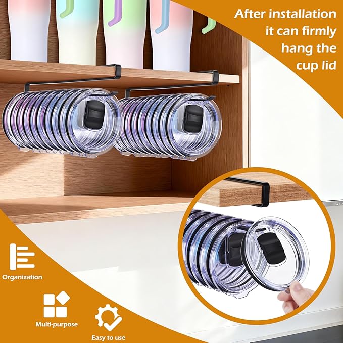 Tumbler Lid Organizer, Kitchen Space-Saving Cup Holder, Organizers for Under Cabinet Storage, No Glue or Drilling Required (black) - Image 4