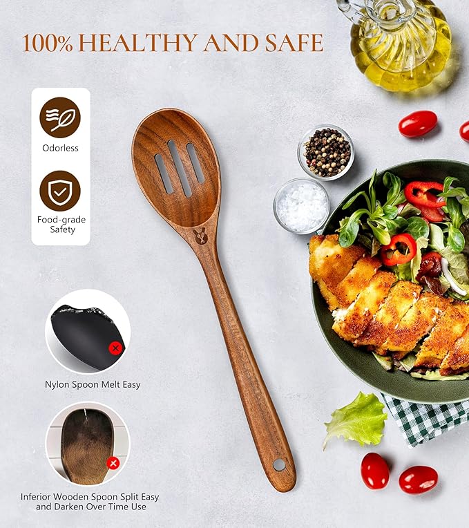 Wooden Slotted Spoons for Cooking, Good Grips Large Wooden Slotted Spoon, Natural Premium Teak Spoons Spatula, Heat Resistant Cooking Utensils for Nonstick Cookware, Serving and Mixing - Image 5