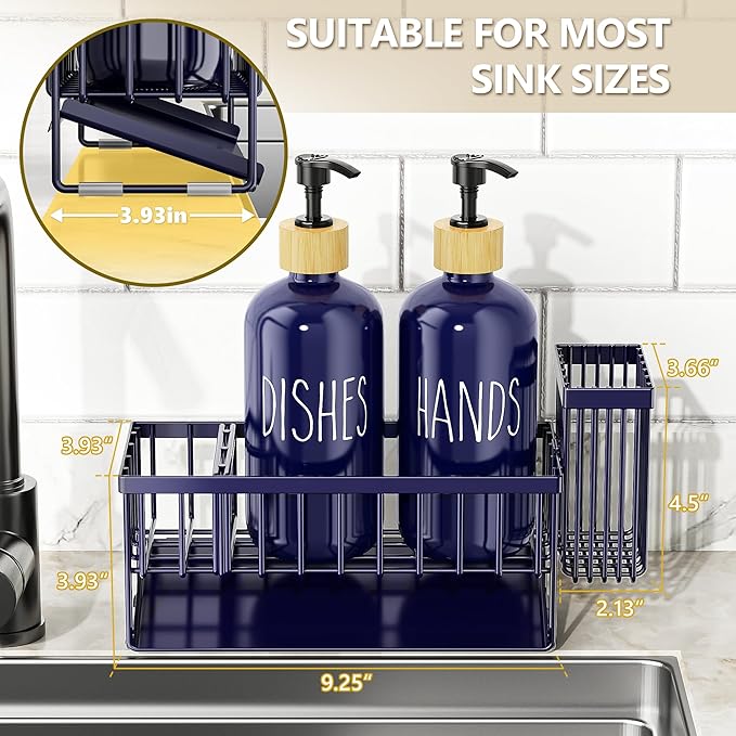Cisily Navy Blue Kitchen Dish Soap Dispenser, 16 fl Oz Dual Kitchen Soap Dispensers with Sponge Holder, Customized Stainless Steel Kitchen Soap Dispenser Set, Modern Hand and Dish Soap Bottle Set - Image 4