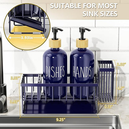 Cisily Navy Blue Kitchen Dish Soap Dispenser, 16 fl Oz Dual Kitchen Soap Dispensers with Sponge Holder, Customized Stainless Steel Kitchen Soap Dispenser Set, Modern Hand and Dish Soap Bottle Set - Image 4