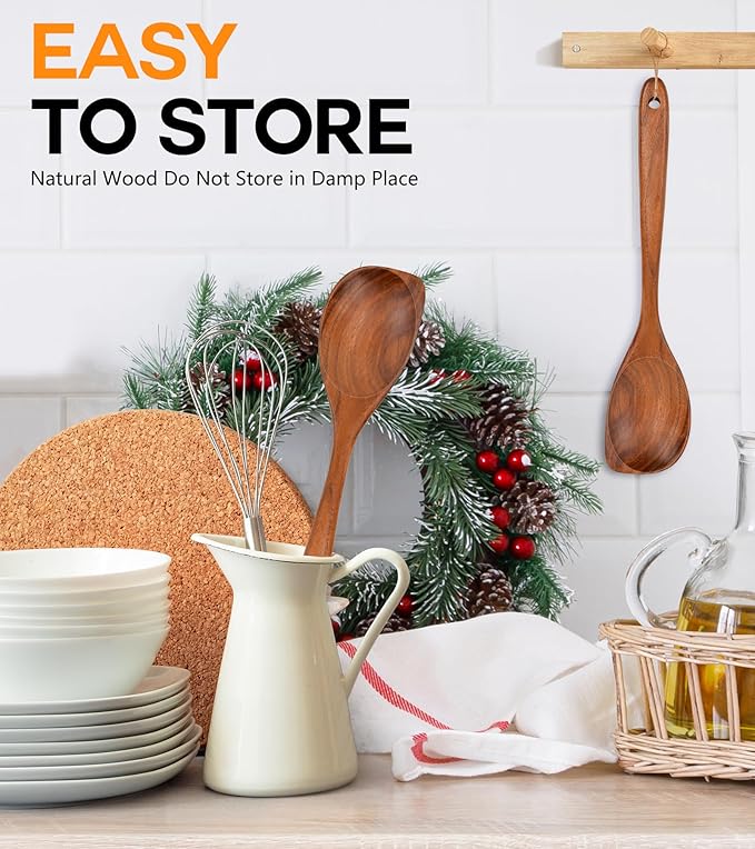 Wooden Spoons for Cooking, Natural Premium Teak Wood Corner Spoon, Good Grip Large Wooden Spoons and Wooden Spatula, Heat Resistant Wooden Cooking Utensils for Nonstick Cookware Cooking Gifts - Image 6