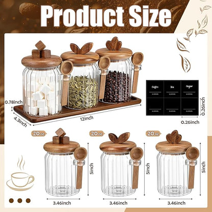 Suclain 3 Pcs Glass Coffee Container with Acacia Wood Lid & Spoon, 20.3 oz Airtight Glass Jar with Wooden Shelf, Food Storage Containers Coffee Jar Tea Container(Acacia Color) - Image 2
