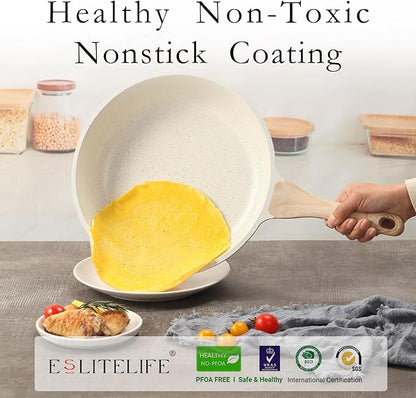 ESLITE LIFE Nonstick Ceramic Frying Pan Skillet, Non-Toxic Egg Omelette Kitchen Cooking Pans Compatible with All Stovetops (Gas, Electric & Induction), PTFE & PFOA Free (White, 9.5'') - Image 3