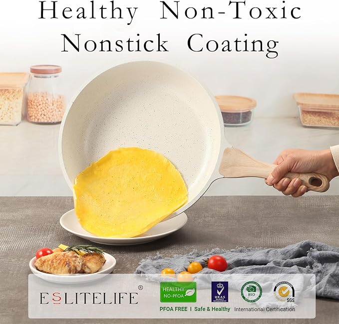 ESLITE LIFE Nonstick Ceramic Frying Pan Skillet with Lid, Non-Toxic Egg Omelette Kitchen Cooking Pans Compatible with All Stovetops (Gas, Electric & Induction), PTFE & PFOA Free (White, 8" w/Lid) - Image 3