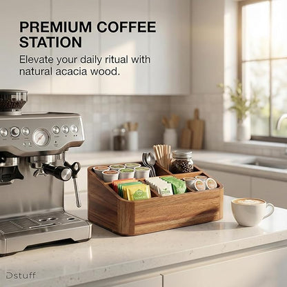 Dstuff Acacia Wood Coffee Station Organizer for Countertop, Tea Organizer and Holder, Coffee Bar Caddy with Multiple Compartments for Home and Office Decor - Image 5