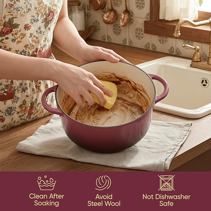 Vintage Style 4.5 Quart Dutch Oven Pot with Lid, Non Stick Enameled Cast Iron Dutch Oven for Bread Baking, Heavy-Duty, Oven Safe Ceramic Cookware Up to 500°F for Baking, Braising, Stews, Roasting, Rose - Image 6
