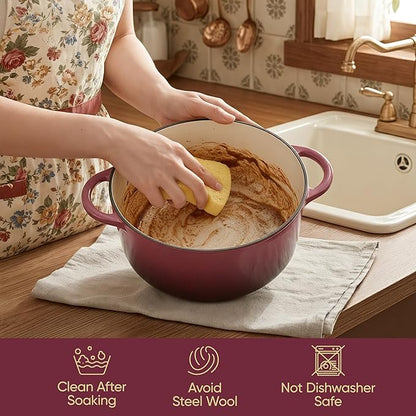 Vintage Style 4.5 Quart Dutch Oven Pot with Lid, Non Stick Enameled Cast Iron Dutch Oven for Bread Baking, Heavy-Duty, Oven Safe Ceramic Cookware Up to 500°F for Baking, Braising, Stews, Roasting, Rose - Image 6