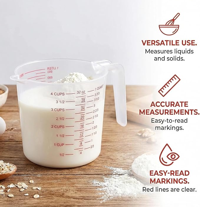 16 Pcs 4 Cup Capacity Plastic Measuring Cup, 32 Oz/1000 ml Clear Graduated Measuring Cups Plastic Mug with Spout and Handles Ounce and Ml Cup Marking for Recipe Ingredient, Flour, Water, Liquid