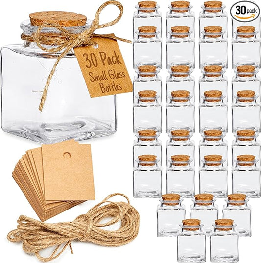 BLUE PANDA 30 Pack Small Glass Bottles with Cork Lids, 50ml Mini Jars with Twine & Tags – Square Glass Bottles for Spices, Spell Jars, Crafts, Party Favors, Weddings & DIY Storage