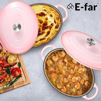E-far 7QT Oval Dutch Oven Pot with Lid, Enameled Cast Iron Dutch Oven with Dual Handles, Heavy-Duty Cookware for Sourdough Bread Baking, Braising, Stews, Oven Safe & Easy Clean, Pink