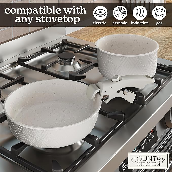 Country Kitchen Cookware Set with Removable Handle, Oven & RV Safe Pots and Pans Set, Cream Rhombus, Original - Image 6