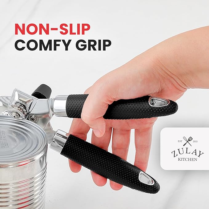 Zulay Kitchen Can Opener with Large Bottle Opener - Heavy Duty Stainless Steel Manual Can Opener with Turn Knob and Soft Grip Handles - Black - Image 5