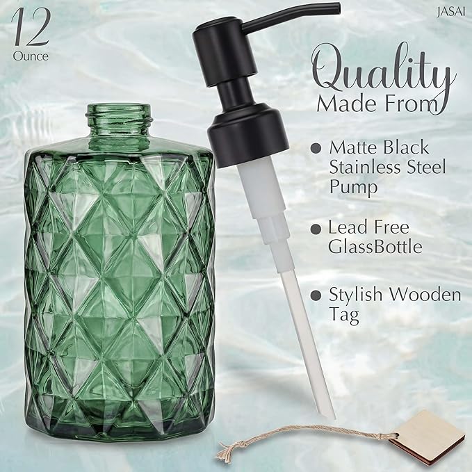 JASAI Forest Green Glass Soap Dispenser with Black Rustproof Pump, Refillable Small Soap Dispenser for Kitchen and Bathroom. - Image 2