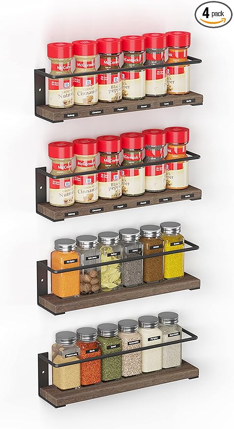 SpaceAid Spice Rack Organizer for Cabinet Door or Wall Mount (4 Pack) with 415 Spice Labels - Wood Hanging Seasoning Shelf for Cupboard Pantry or over the Stove by SpaceAid