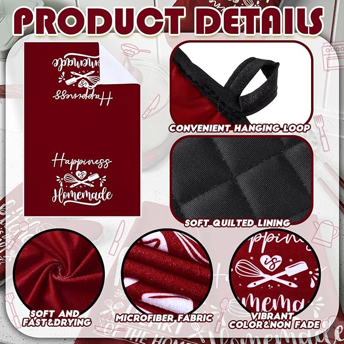 Sratte 6 Pcs Kitchen Decor Accessories Set Farmhouse Towels Pot Holders Oven Mitts Set 2 Dish Towels 2 Potholders 2 Cooking Mittens Oven Glove for Christmas Baking Cooking(Wine Red,Kitchen) - Image 6