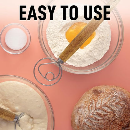 Zulay Kitchen 13-Inch Danish Dough Whisk - Stainless Steel Wooden Whisk with Dough Hook - Sourdough Whisk for Bread, Pizza, Pastry, Cake Batter & More - 2 Pack Acacia - Image 3