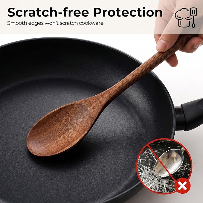 HAKSEN 2PCS Wooden Cooking Spoons, Natural Acacia Wood Kitchen Utensil, 12Inch Large Wooden Mixing Spoons for Nonstick Cookwares, Comfort Grip, Durable, Kitchen Gifts for Women, Cooking Gifts for Men - Image 4