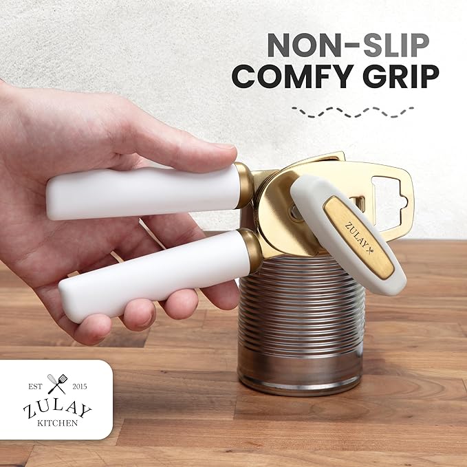Zulay Kitchen Heavy Duty Stainless Steel Can Opener Manual with Bottle Opener - Rust Proof Manual Can Opener With Turn Knob & Comfy Soft Grip Handles - White & Gold - Image 5