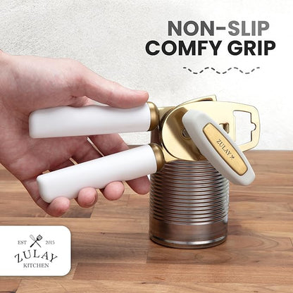 Zulay Kitchen Heavy Duty Stainless Steel Can Opener Manual with Bottle Opener - Rust Proof Manual Can Opener With Turn Knob & Comfy Soft Grip Handles - White & Gold - Image 5