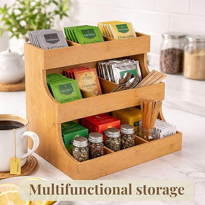 Tea bag organizer with 3-tier storage & 4 matching coasters. Fully assembled. Deluxe bamboo tea organizer for tea bags, coffee pods, condiments and pantry organization. Holds up to 180 tea bags.
