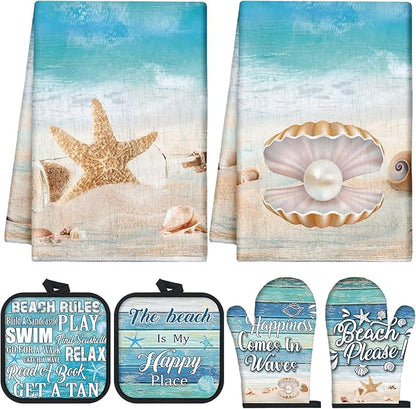 6 Pcs Summer Beach Kitchen Towels Pot Holders and Oven Mitts Set Include Coastal Dish Towel Beachy Rustic Oven Gloves Heat Resistant Potholders for Christmas Kitchen Gift by Mindsoft