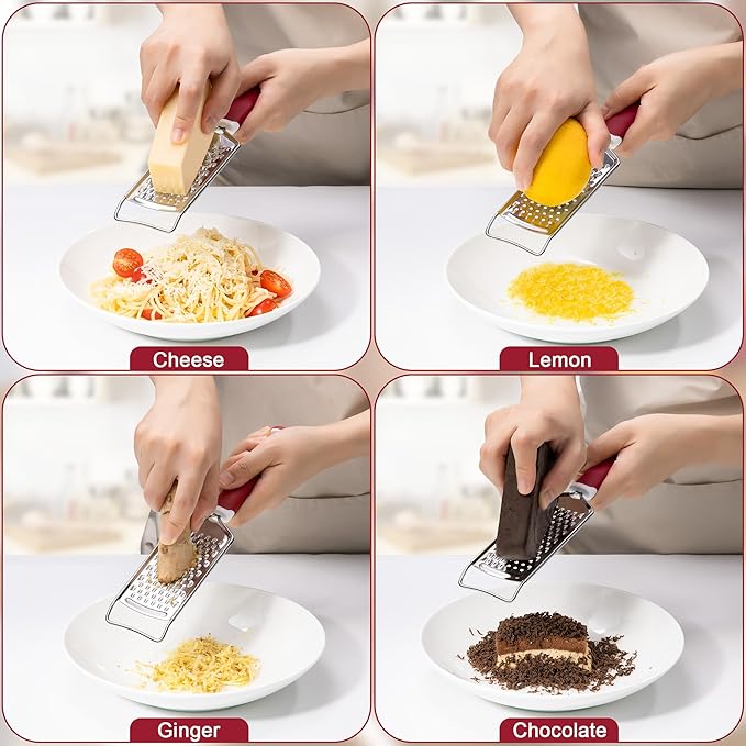 Rainspire Professional Cheese Graters for Kitchen Stainless Steel Handheld, Metal Lemon Zester Grater With Handle For Cheese, Chocolate, Spices, Kitchen Gadgets Tools, Soft Grip Handle (Red) - Image 5