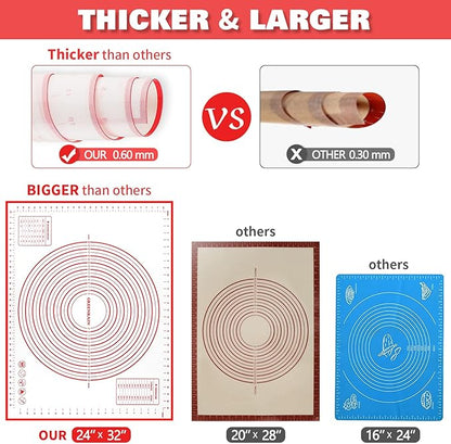 Silicone Pastry Mat Extra Thick Large Non Stick Baking Supplies Kitchen Counter Cooking Rolling Dough Sheet Pie Crust Sourdough Bread Oven Liner with Measurement (XXL-24''(W)*32''(L), 1#Red) - Image 4