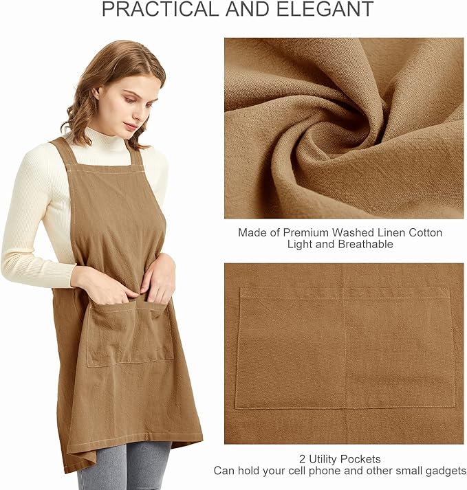 ELEZAY Aprons for Women with Pockets Plus Size Comfort Cross Back No Tie Cotton Linen Apron Pinafore