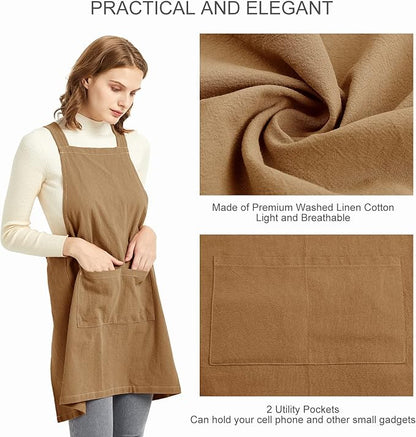 ELEZAY Aprons for Women with Pockets Plus Size Comfort Cross Back No Tie Cotton Linen Apron Pinafore