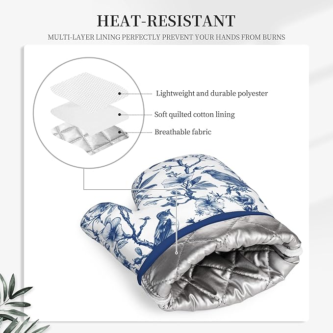 Blue Silicone Oven Mitts Pan Mats Set of 2, Heat Resistant Gloves Potholder with Non-Slip Grips Hanging Loops Pot Holder, Spring Summer for Chef Cooking, Baking, Grilling, BBQ