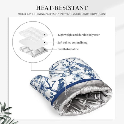 Blue Silicone Oven Mitts Pan Mats Set of 2, Heat Resistant Gloves Potholder with Non-Slip Grips Hanging Loops Pot Holder, Spring Summer for Chef Cooking, Baking, Grilling, BBQ