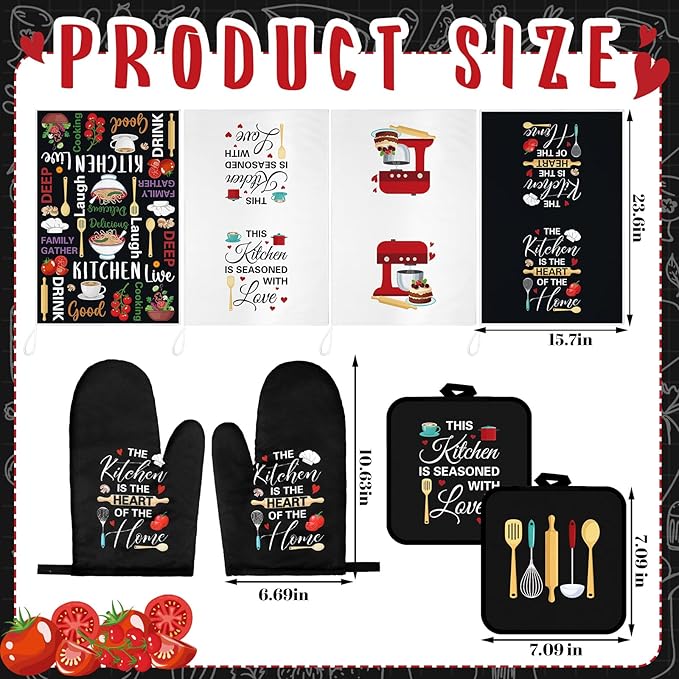 Leinuosen 8 Pcs Cuisine Kitchen Decor Accessories Set Farmhouse Towels Oven Mitts Pot Holders Dishcloths Set Kitchen Decorative Absorbent Gloves Potholders for Chef Baking Cooking - Image 3