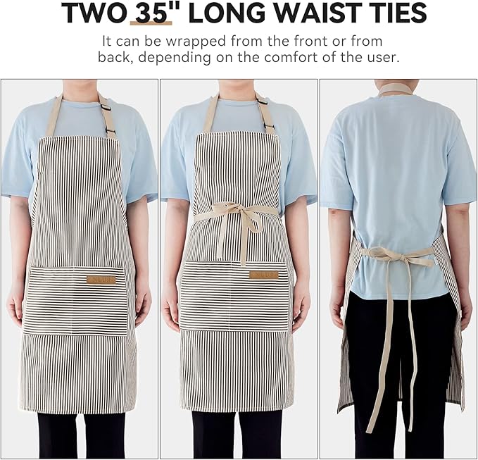 NLUS 2 Pack Cooking Aprons for Women with Pockets, Adjustable Kitchen Bib Aprons Chef Aprons for Women Men(Brown Pinstripes) - Image 4