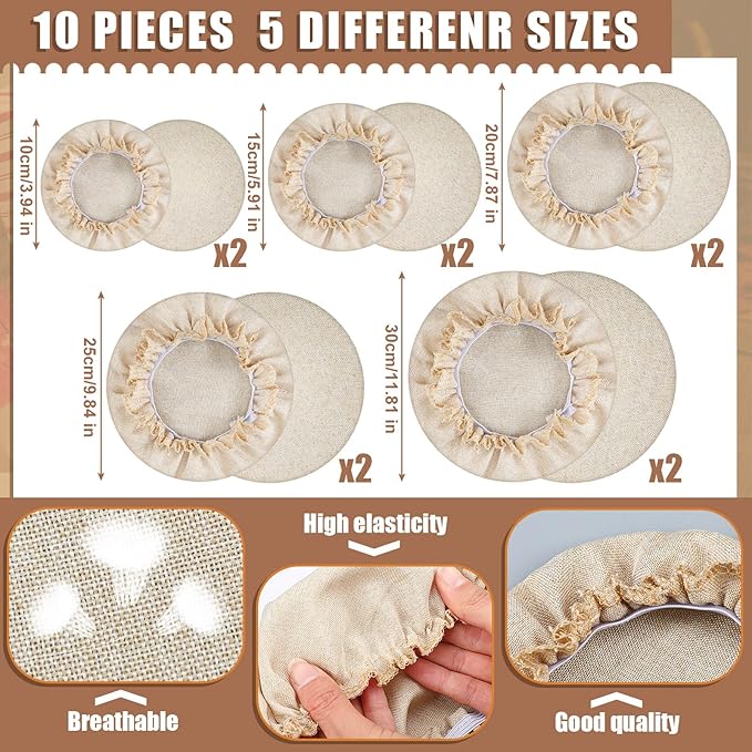 Patelai 10 Pcs Bowl Covers Reusable in 5 Size Stretch Cloth Fabric Elastic Food Storage Bowl Covers Bread Sourdough Lids for Proofing Food Fruits Leftover(Beige,Beige Style) - Image 6