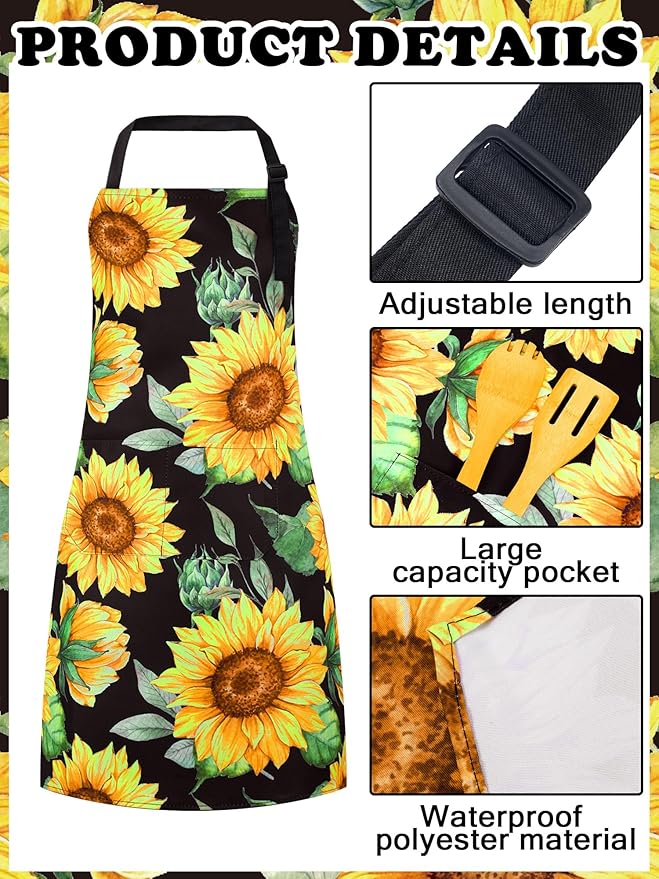 Bencailor 6 Pcs Spring Kitchen Aprons with Pockets Flower Rooster Bee Butterfly Sunflower Summer Aprons Bulk for Women(Yellow, Black, White,Sunflower Bee) - Image 4