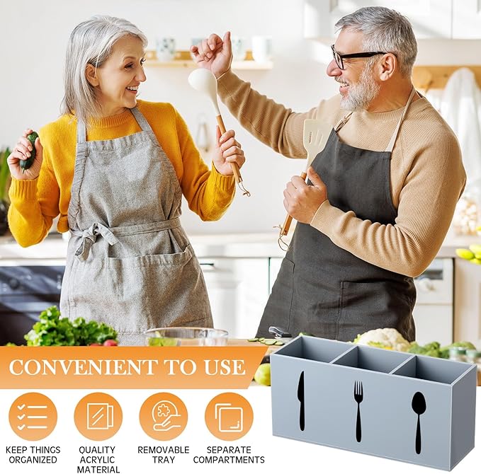 Suzile Acrylic Cutlery Storage Organizer Bin Silverware Caddy Countertop Knife Spoon and Fork Holder Kitchen 3 Section Tableware Storage Box for Cabinet Indoor Home Flatware Dining Room (Gray,M) - Image 5