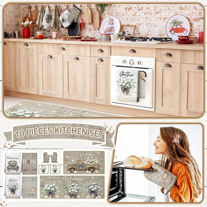 Fourluoo 10 Pcs Flower Basket Farmhouse Kitchen Decor Set Dish Towels Kitchen Rugs Oven Mitts and Pot Holders Set for Cooking Baking Grilling Women Mom Daughter Gift(Spring Color)