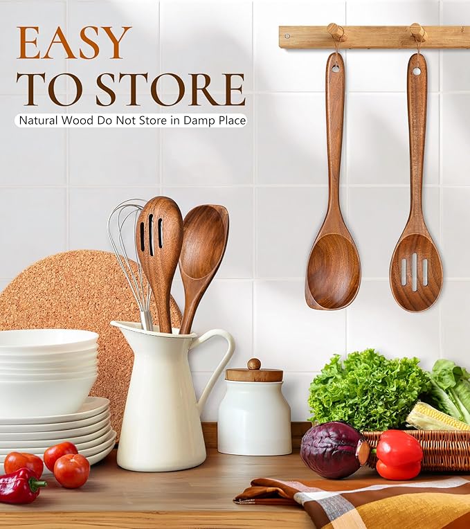 2Pcs Wooden Spoons for Cooking, Natural Premium Teak Wood Corner Spoon & Slotted Spoon, Good Grip Large Cooking Spoons Spatula, Heat Resistant Wooden Kitchen Cooking Utensils Set for Nonstick Cookware - Image 6