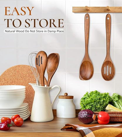 2Pcs Wooden Spoons for Cooking, Natural Premium Teak Wood Corner Spoon & Slotted Spoon, Good Grip Large Cooking Spoons Spatula, Heat Resistant Wooden Kitchen Cooking Utensils Set for Nonstick Cookware - Image 6