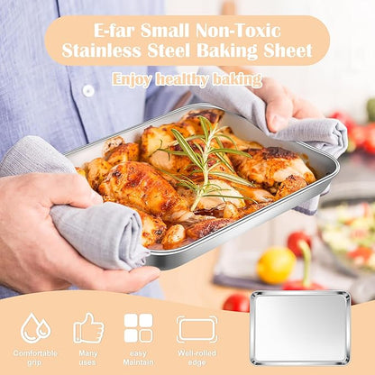 E-far 3 Pack Toaster Oven Trays, 9.4”x7.3” Stainless Steel Small Baking Cookie Sheets, Mini Non-toxic Metal Baking Pans for Cake, Healthy & Rust Free, Mirror Finish & Dishwasher Safe - Image 6