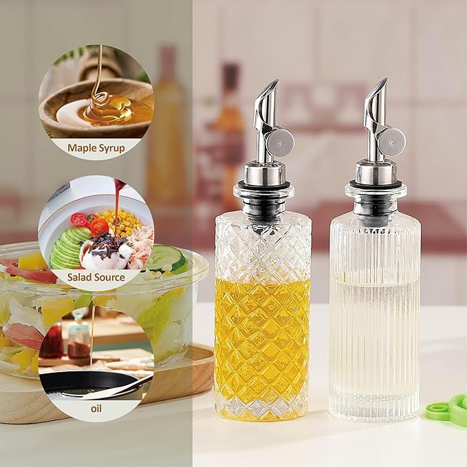 Glass Olive Oil Dispenser Bottle Small, 6.5 Oz/ 200 ml Coffee Simple Syrup Bottles with Silver Metal Pour Spout, Funnel, Measuring Cup, Oil and Vinegar Bottle for Kitchen (2 Pack) - Image 6