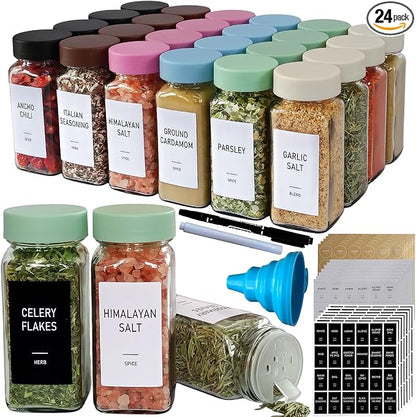 Spice Jars with Labels - 24 Glass Spice with Shaker Lids & Airtight Plastic Caps - 4oz Complete Seasoning Containers Organizer Set for Cabinet, Drawer & Rack (Light Green) by Unknown