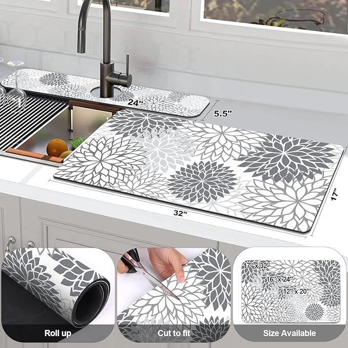 Findosom 2PCS 17" x 32" Dish Drying Mat & 24" x 5.5" Sink Splash Guard, Super Absorbent & Cuttable Dish Mat Drying Kitchen Mat with Gray Floral, Hide Stain Drying Mat for Kitchen Counter - Image 2