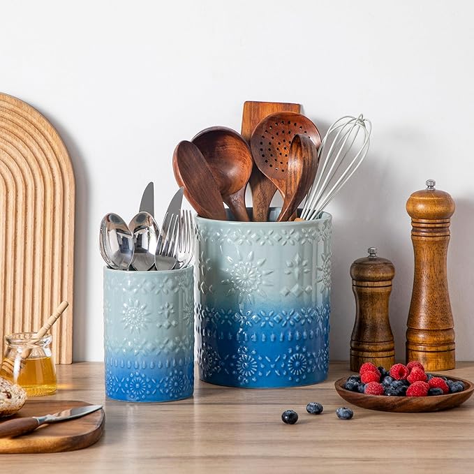 LOVECASA Utensil Holder, 7.2"+5.4" Ceramic Utensil Holder for Countertop, Large Cooking Utensil Crocks for Kitchen Counter, Farmhouse Utensil Vase for Housewarming, Kitchen Decor, Set of 2, Oceans - Image 4