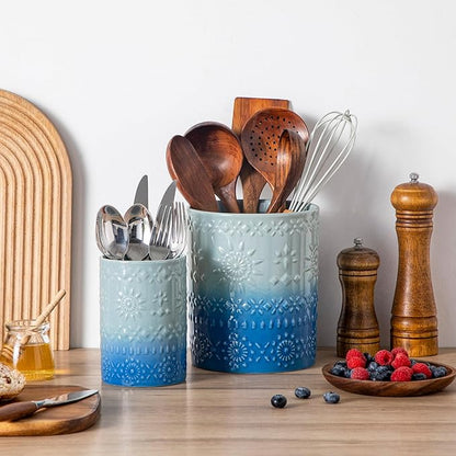 LOVECASA Utensil Holder, 7.2"+5.4" Ceramic Utensil Holder for Countertop, Large Cooking Utensil Crocks for Kitchen Counter, Farmhouse Utensil Vase for Housewarming, Kitchen Decor, Set of 2, Oceans - Image 4