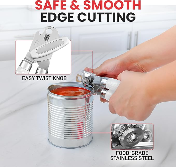 Zulay Kitchen Heavy Duty Stainless Steel Can Opener Manual with Large Bottle Opener - Manual Can Opener with Turn Knob with Soft Grip Handles - White - Image 3