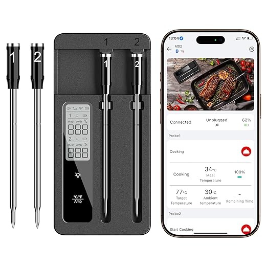 Smart Wireless Meat Thermometer with Dual Probes, Bluetooth & WiFi Combo, High Precision & Fast Response for BBQ, Grill, Smoker, Oven, Air Fryer by ROUUO