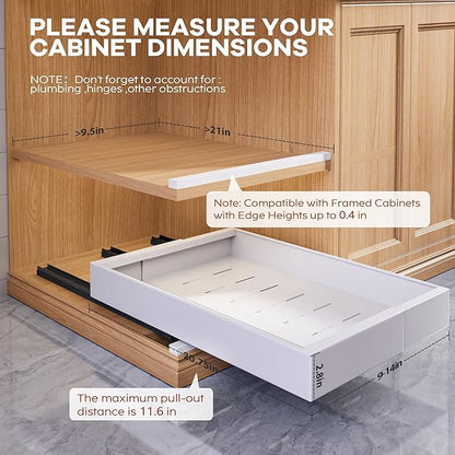 Seinloes 4 Pack Expandable Width (9"-14.1") Pull Out Cabinet Organizer 21" Deep with Raising Pad for Framed Cabinets, Upgrade 3 Slide Rails Slide Out Drawers, Roll Out Shelves Adhesive, White - Image 4