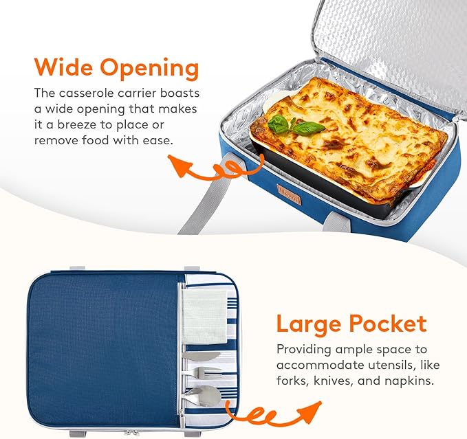 Lifewit Insulated Double Decker Casserole Carrier, Expandable Lasagna Lugger Tote Bag for Hot or Cold Food, Fits 9" x 13" Baking Dish for Potluck Parties, Picnic and Cookouts, Blue